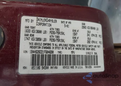 2001 Dodge Durango Slt from USA, damaged, VIN 1B4HS28Z21F604690
